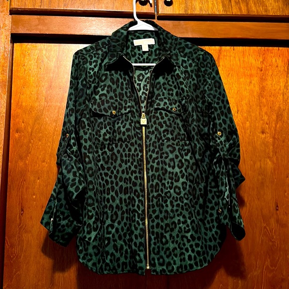 Michael Kors Women's Plaid Jewel Neck Long Sleeve Casual Top Green Size X-Large